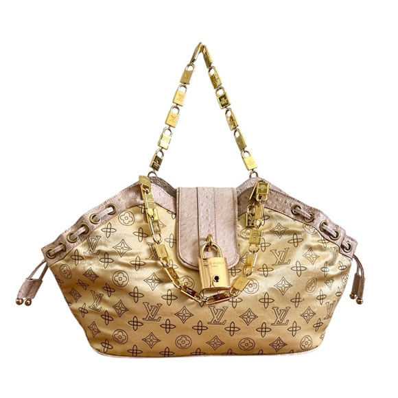Handbags - Faux LV Monogram Yellow Drawstring Bag Gold Tone Bar Chain Handles Lock Charm